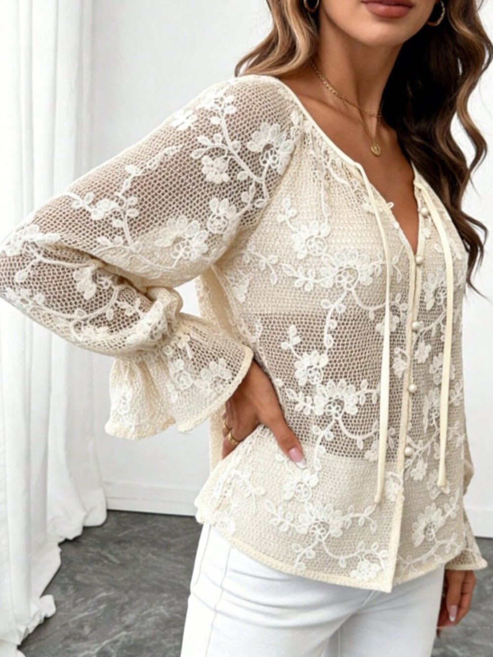Apricot Casual Women's Floral Knit V-Neck Blouse with Pearl Buttons - Picture 5 of 7